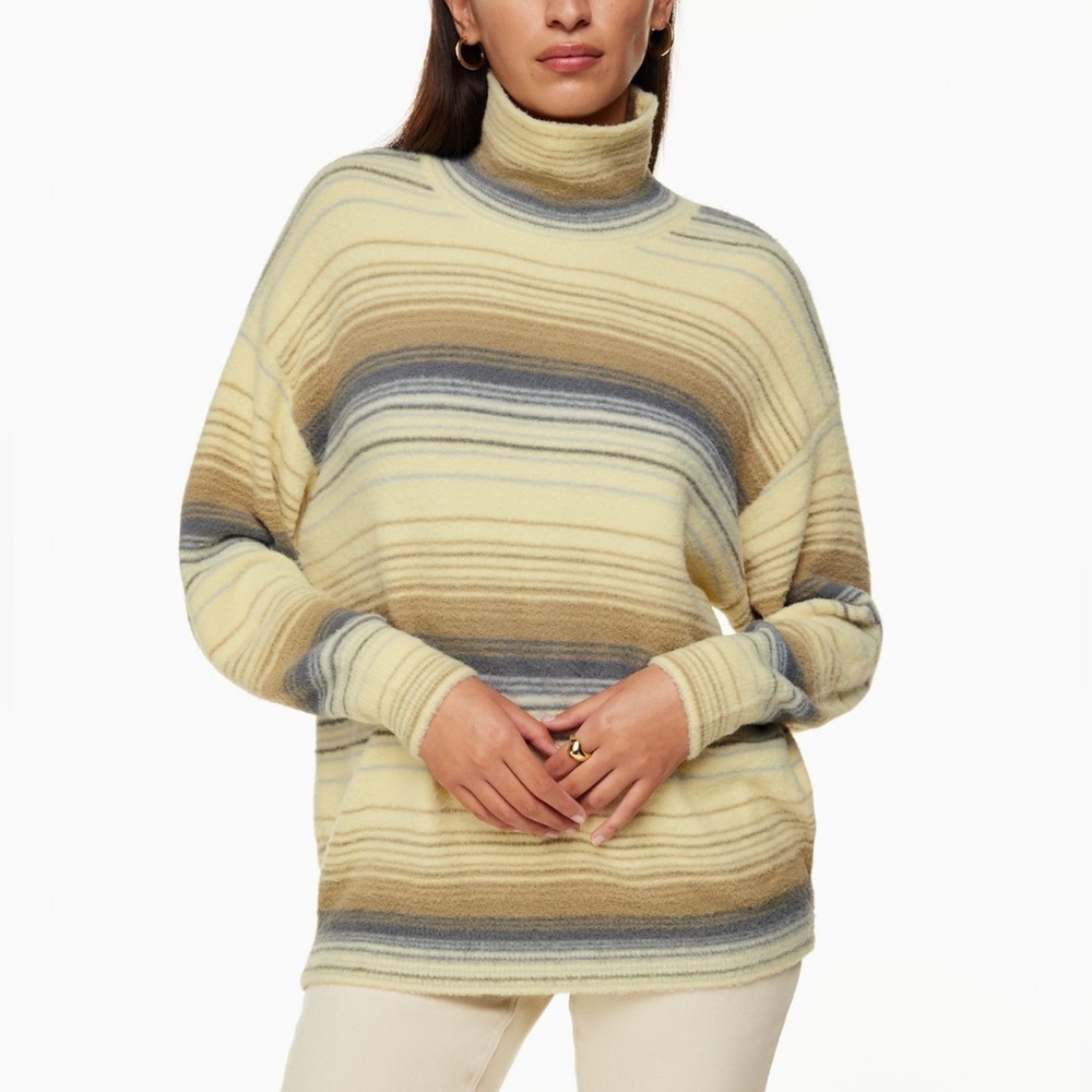Wilfred Free |Aritzia Hush Knit Striped Turtleneck Sweater Cream, Blue Taupe XXS
